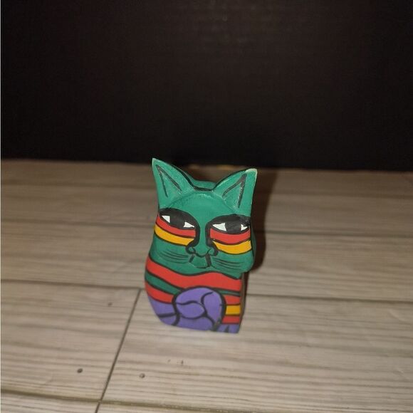 Other - Folk Art Carved Wood Hand Painted Cat Figure Multicolor Decor 3'in Tall